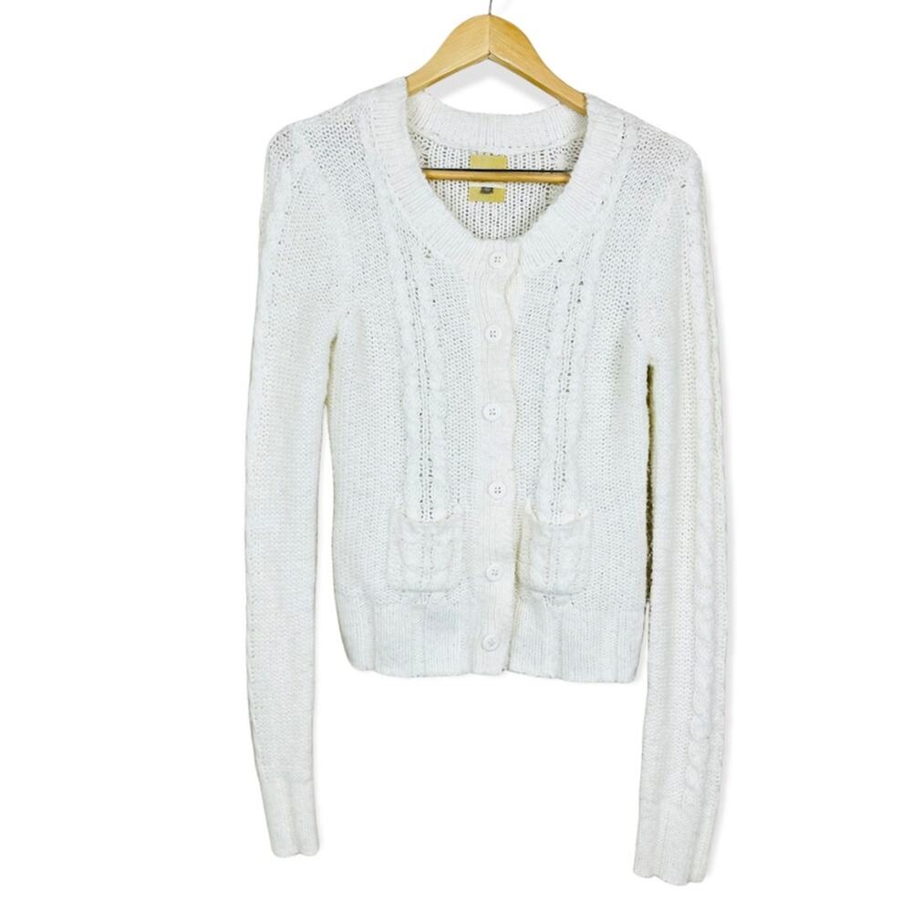 FOSSIL Ivory Knit Pocket Classic Cardigan Juniors MEDIUM Sweater Wool Vintage
